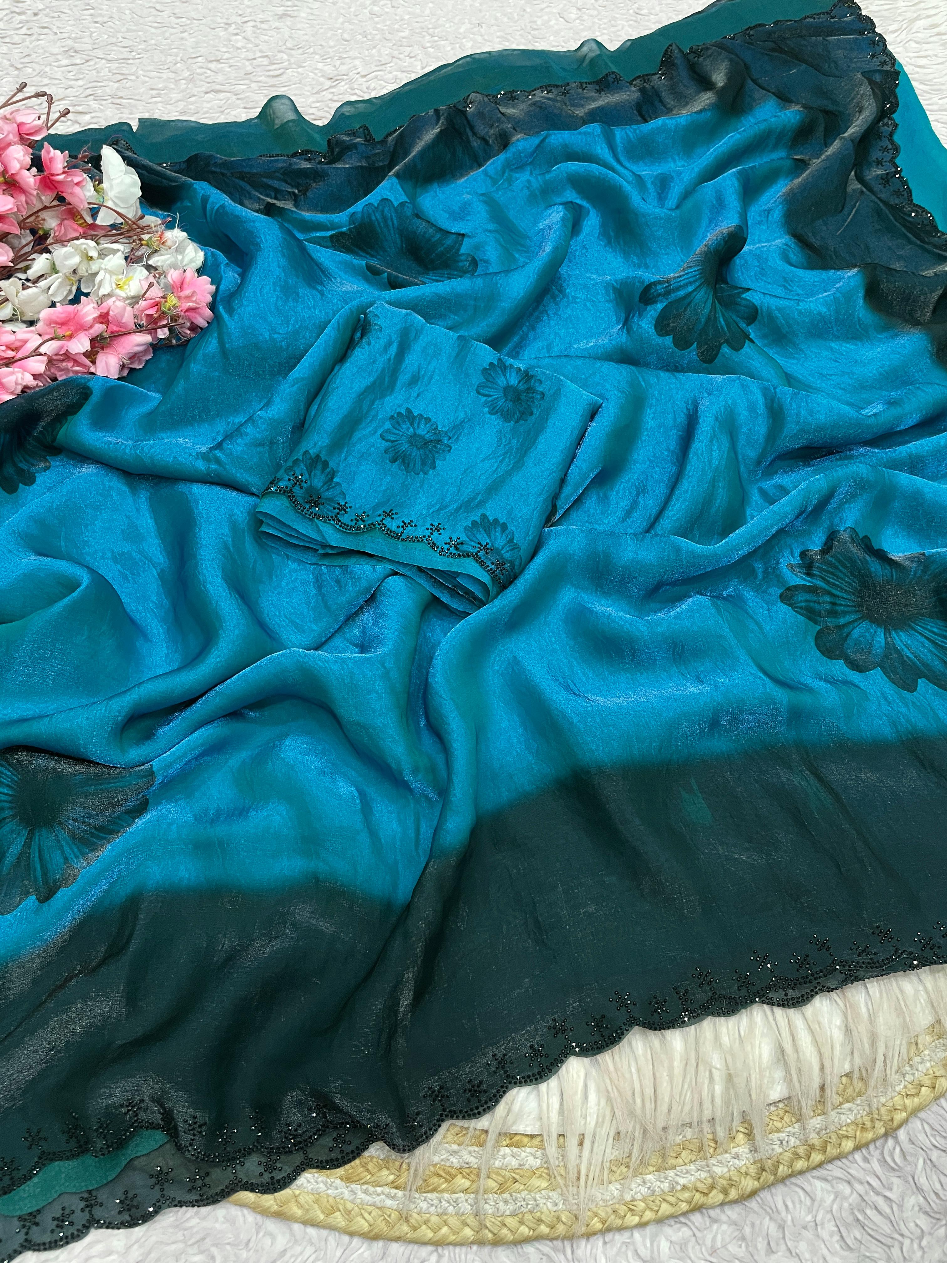 Azure Daisy Space Silk Digital Floral Jarkan Work Saree